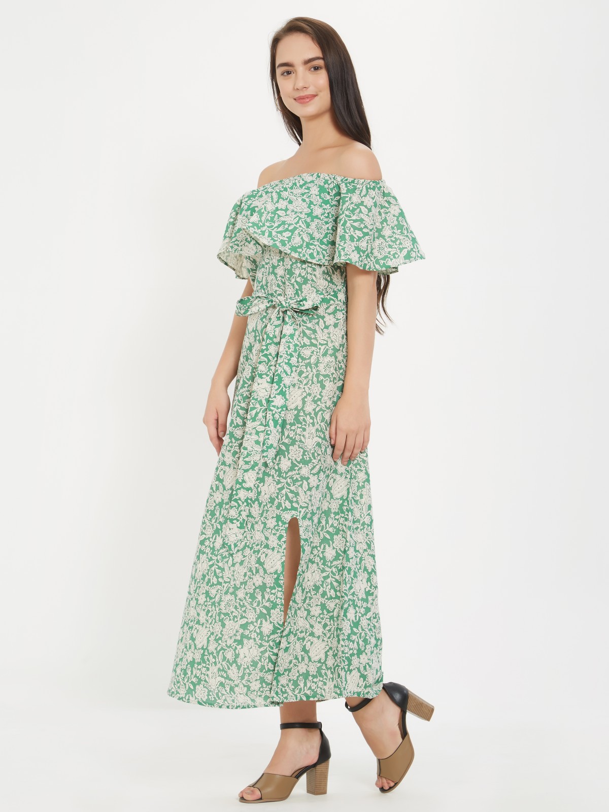 Light Green Floral Printed Off Shoulder Cotton Linen One Piece Dress Exclusive