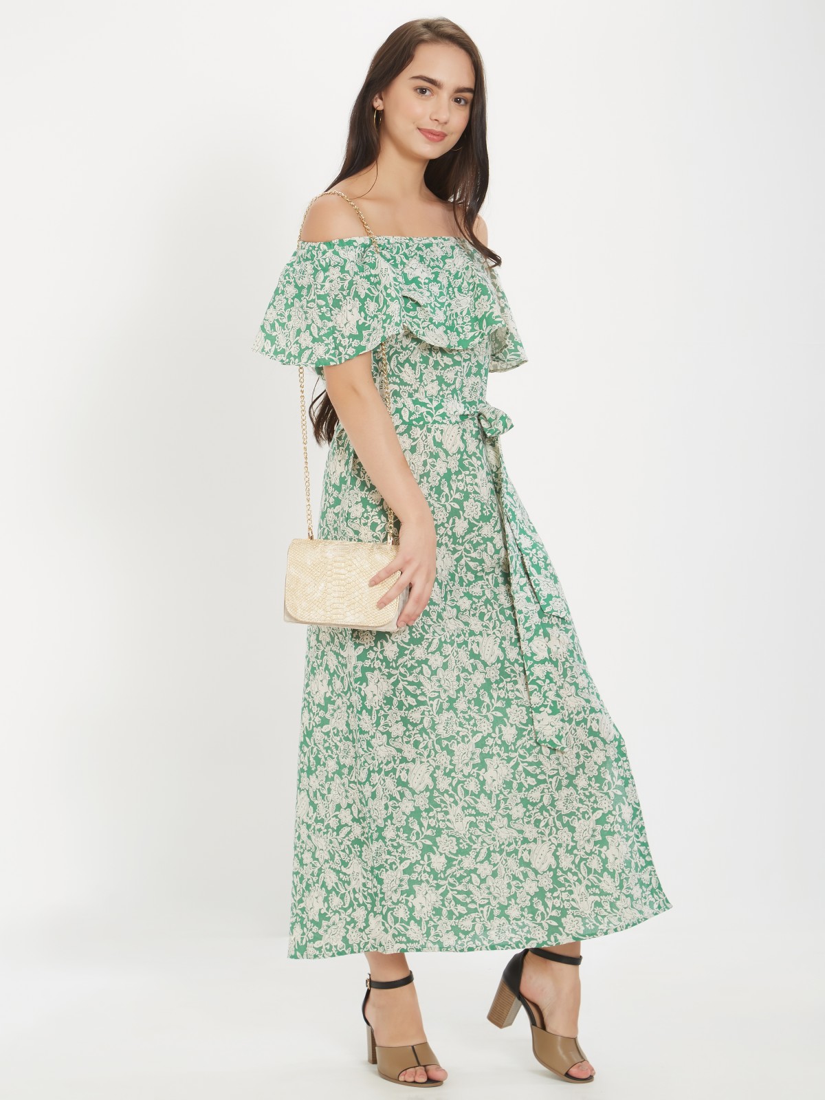 Light Green Floral Printed Off Shoulder Cotton Linen One Piece Dress Exclusive