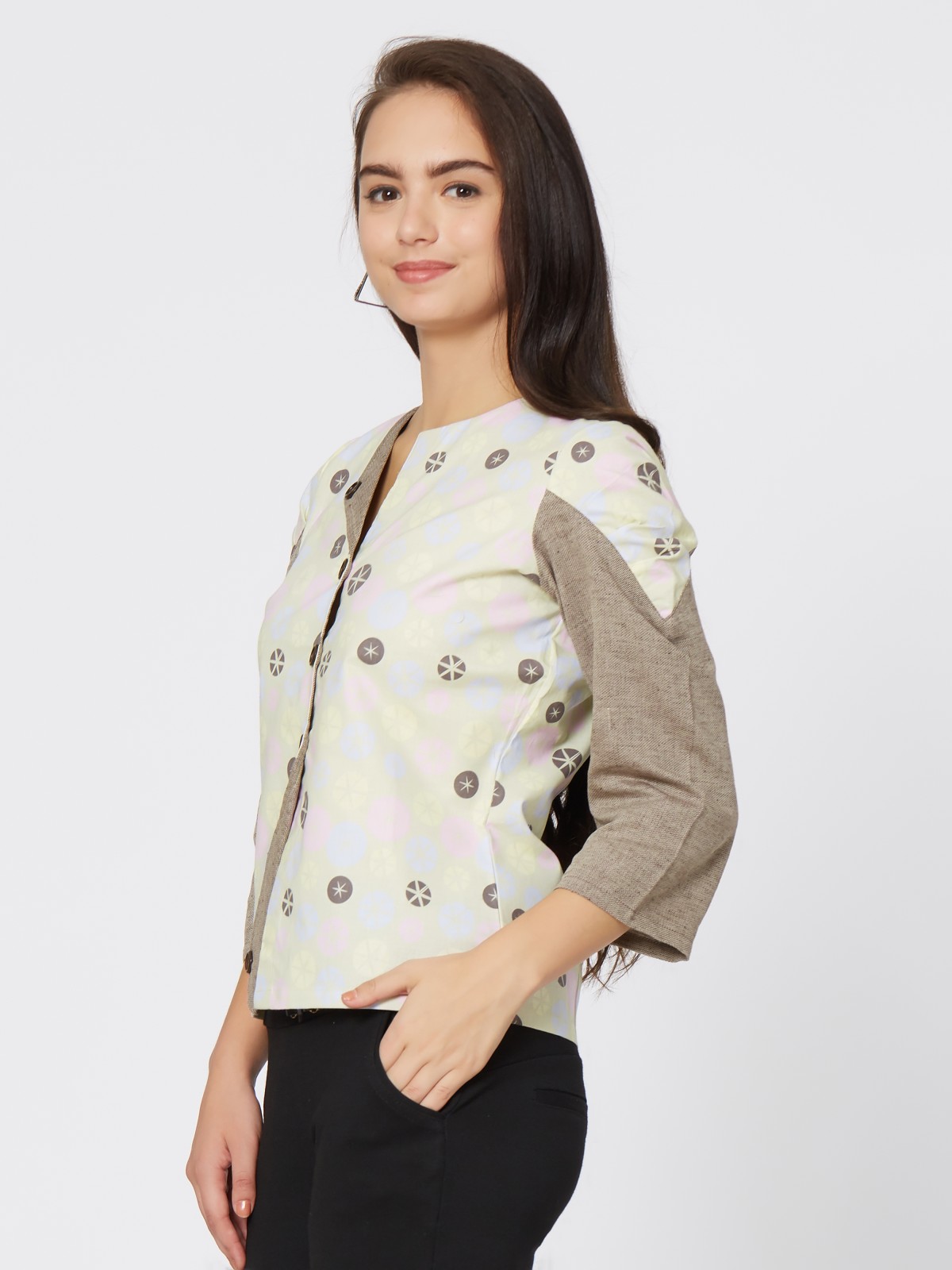 Trendy Cotton Linen Printed Designer Full Sleeve Top 