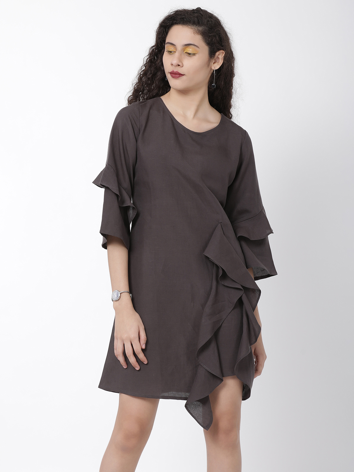 Smart Frilled Brown Chocolate Midi Dress