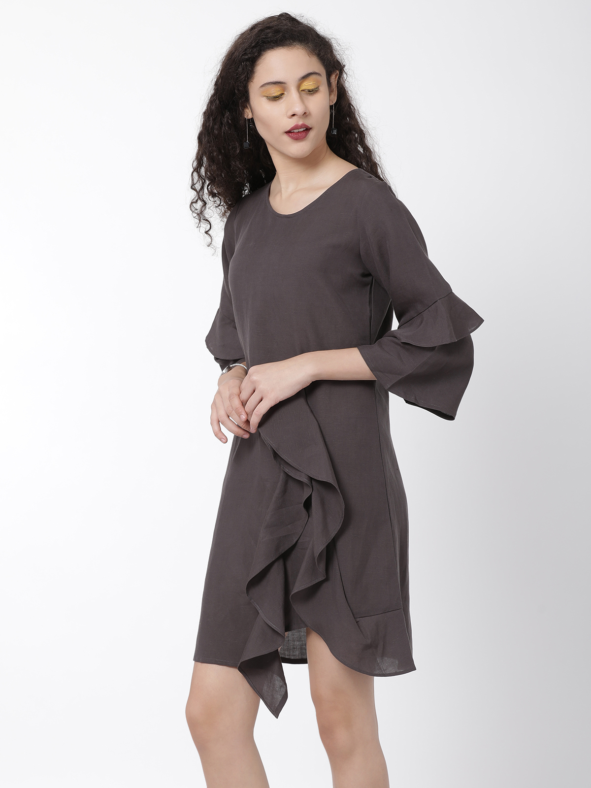 Smart Frilled Brown Chocolate Midi Dress