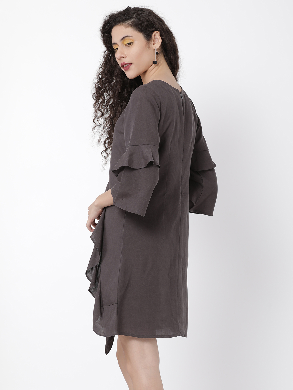 Smart Frilled Brown Chocolate Midi Dress