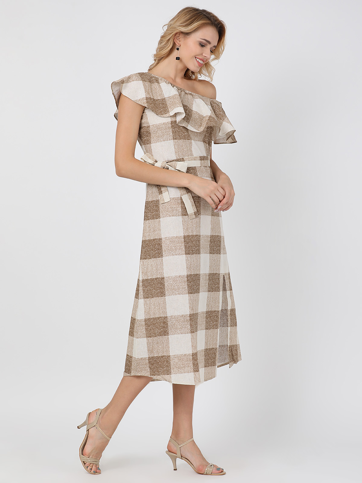 Beige Checks Off Shoulder Cotton Linen One Piece Dress