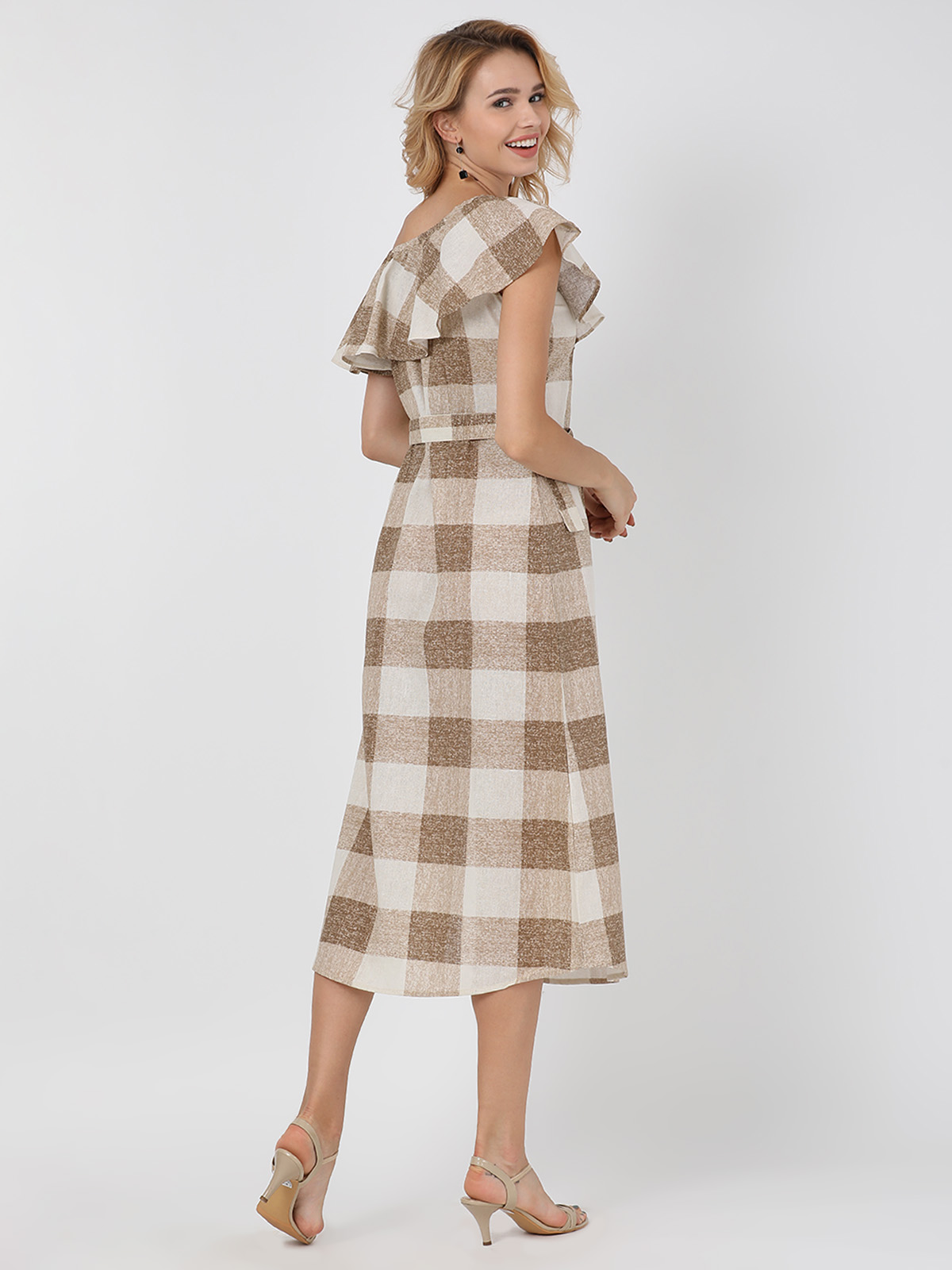 Beige Checks Off Shoulder Cotton Linen One Piece Dress