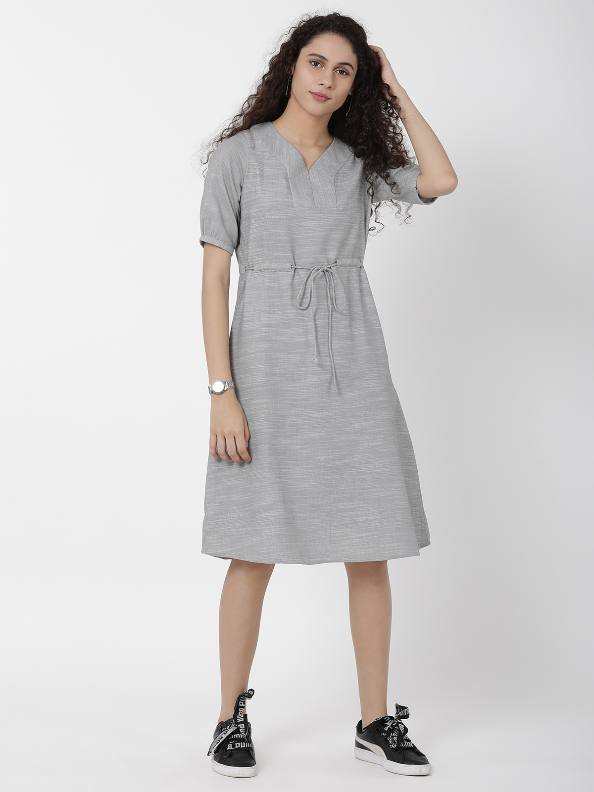 Worldly Grey Smart Tie Up One Piece A Line Dress 