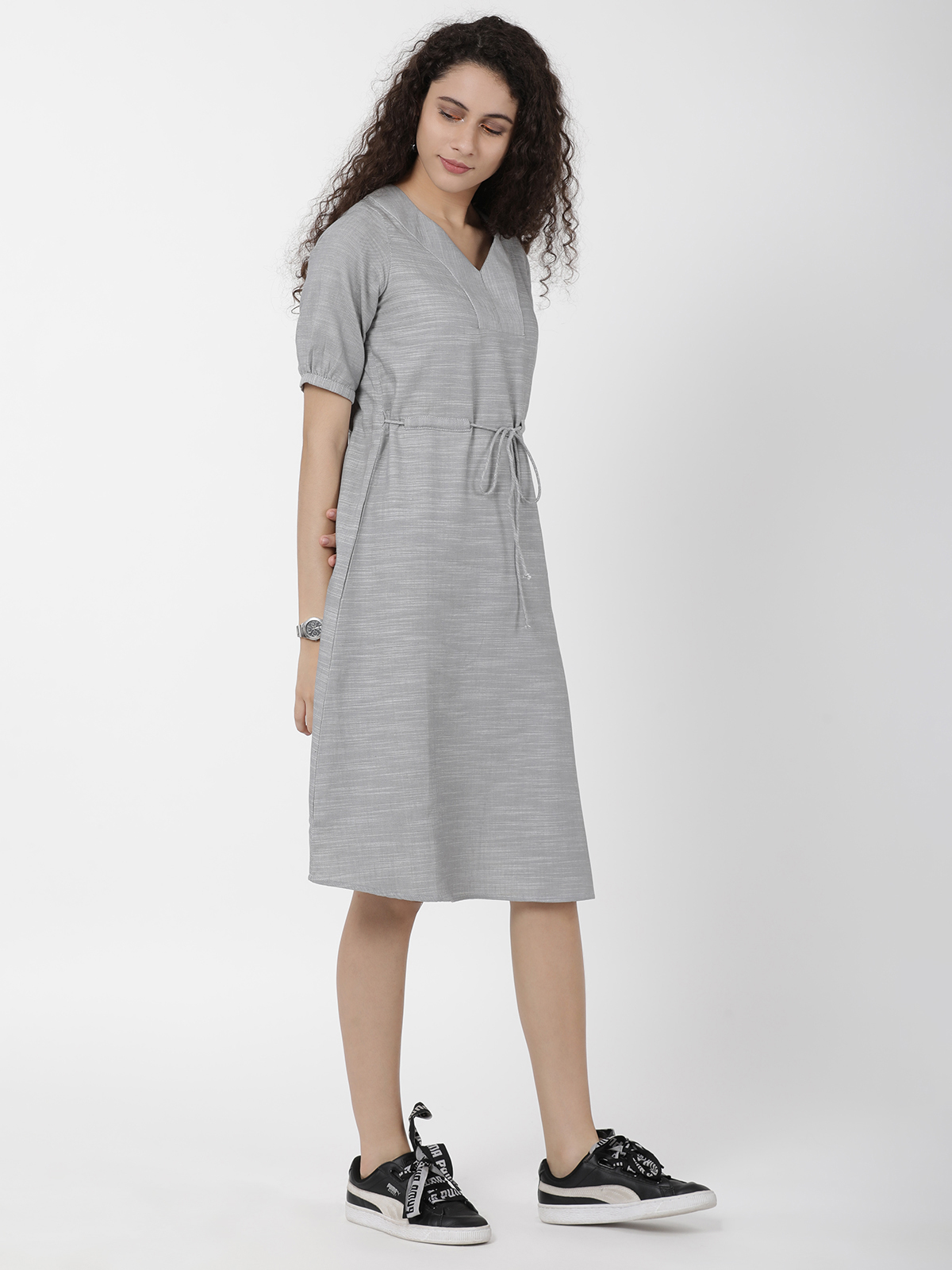 Worldly Grey Smart Tie Up One Piece A Line Dress 