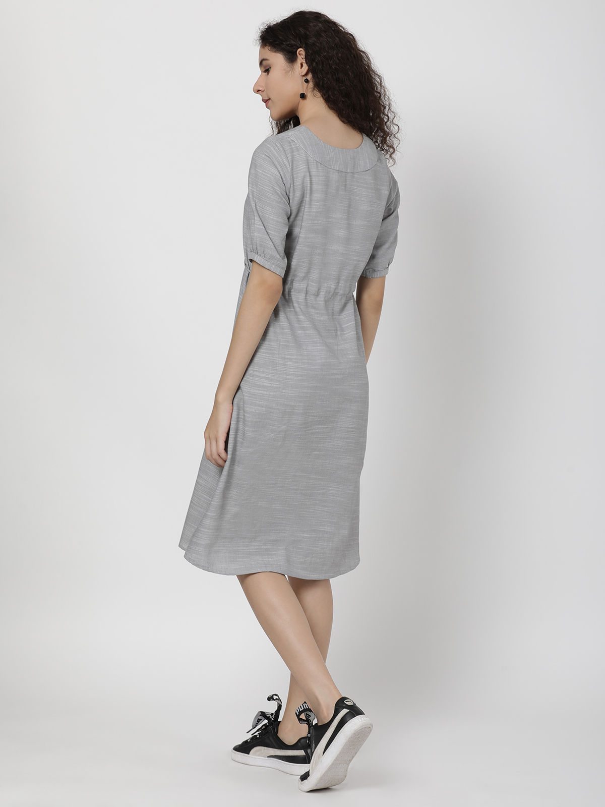 Worldly Grey Smart Tie Up One Piece A Line Dress 