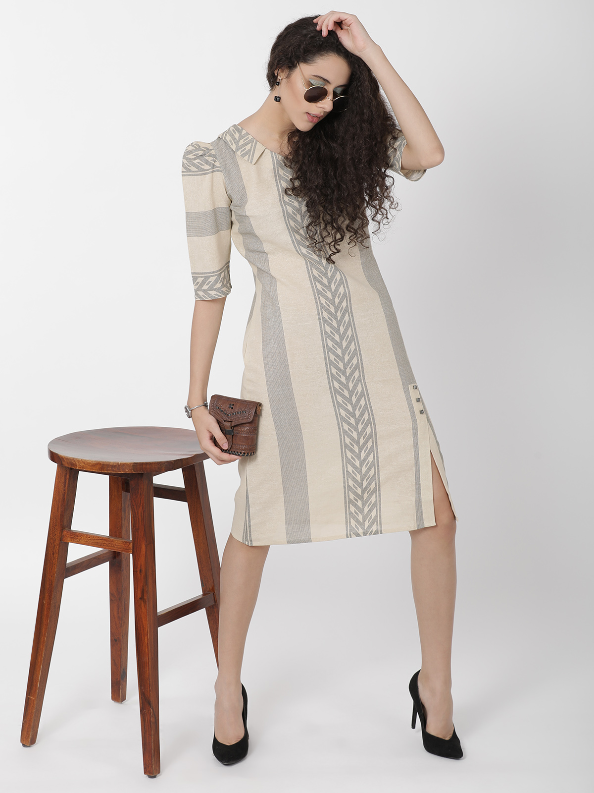 Smartly Design Vintage Print Beige Cotton Linen One Piece Dress