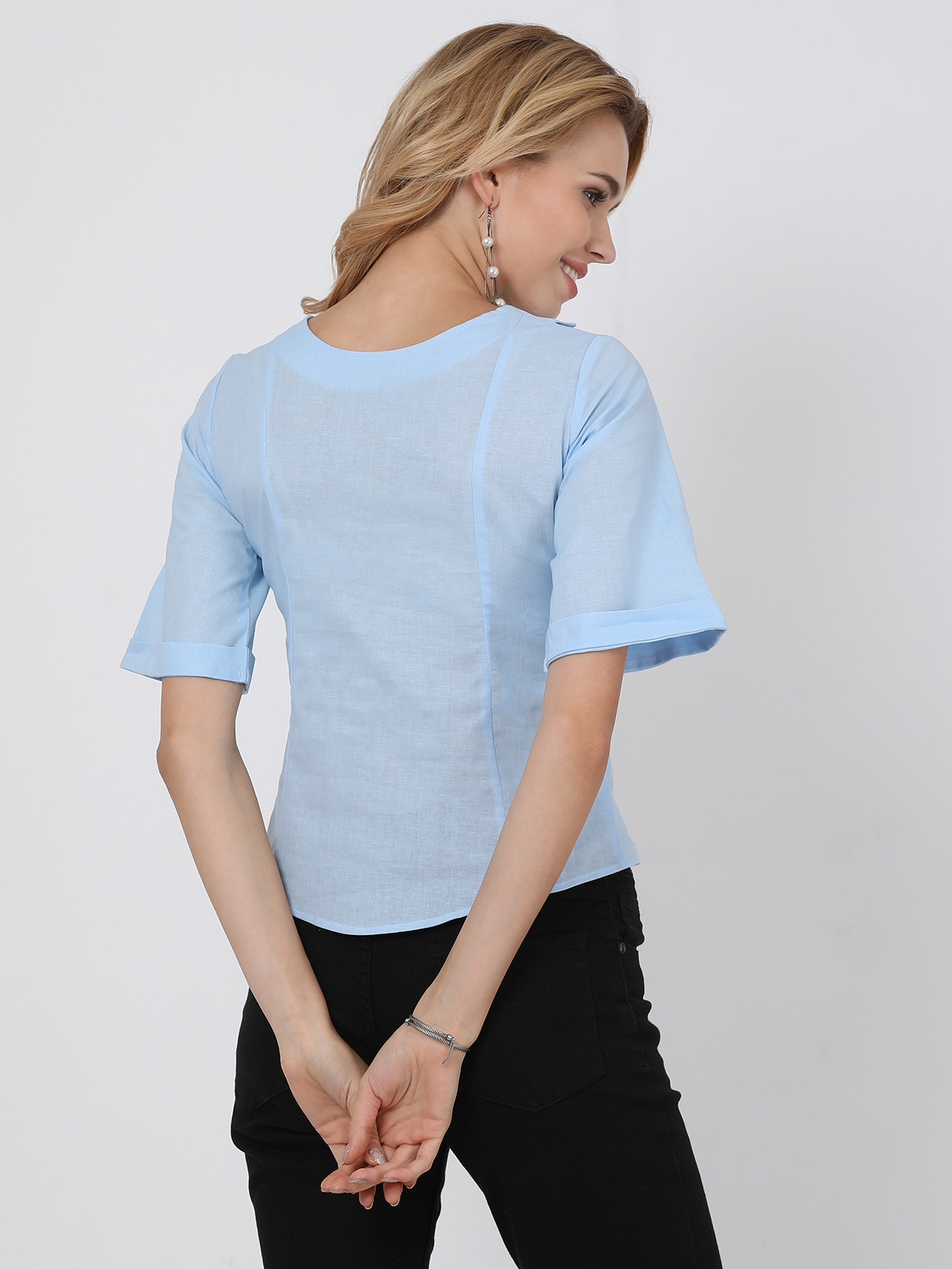 Solid Blue Mid Length Round Neck Top