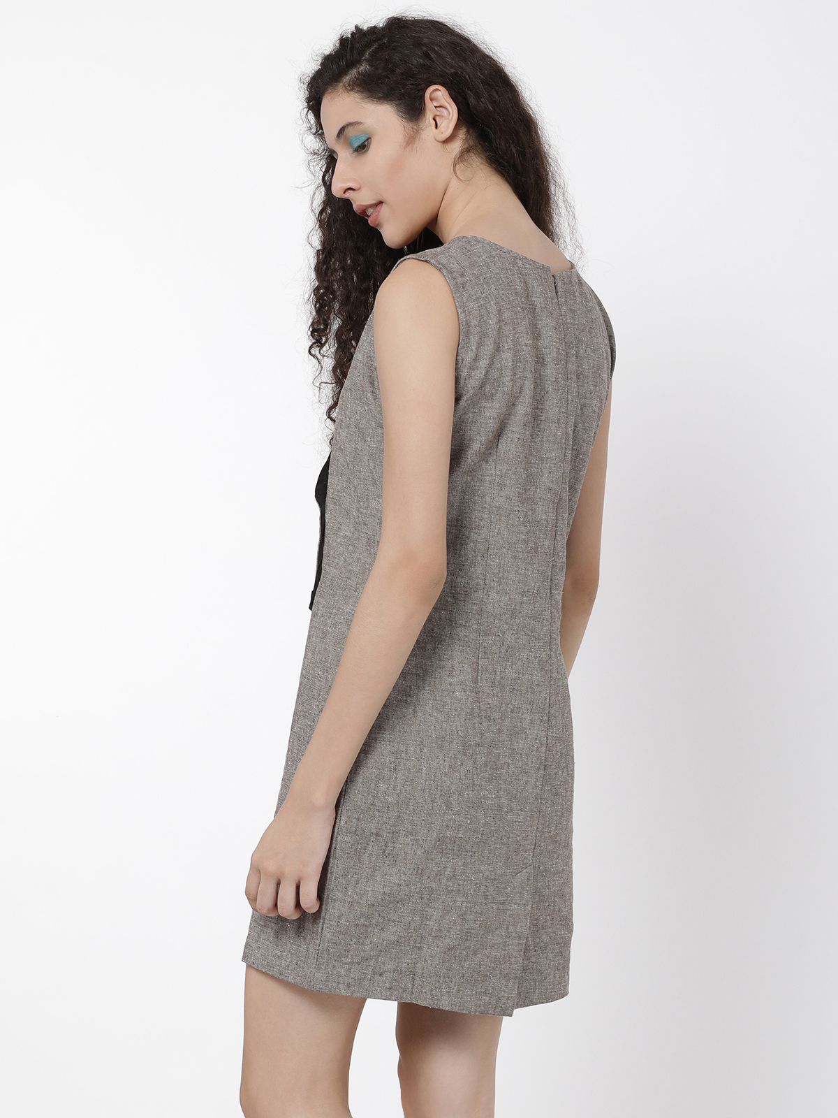 Solid Grey Cotton Linen One Side Collar Dress