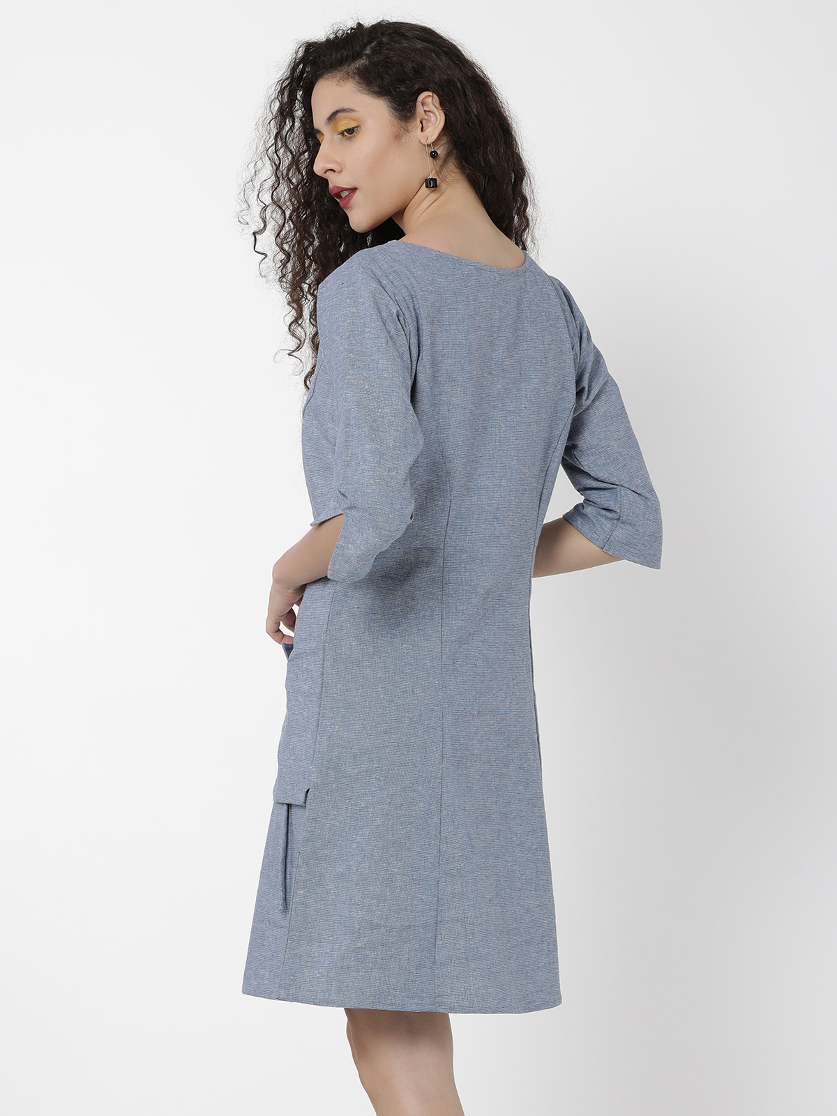 Solid Blue Cotton Linen Princess Tie Knot Mini One Piece Dress