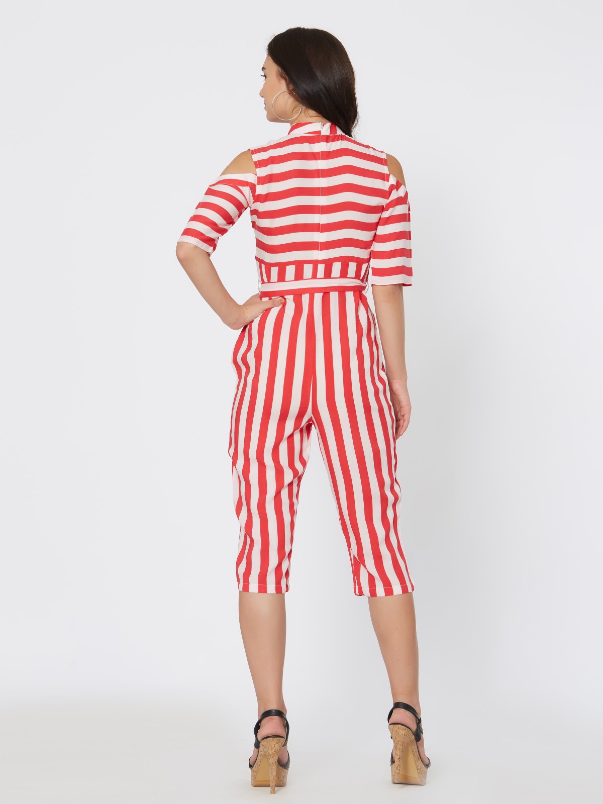 Red & While Striped Calf Length Cold Shoulder Jumpsuits 