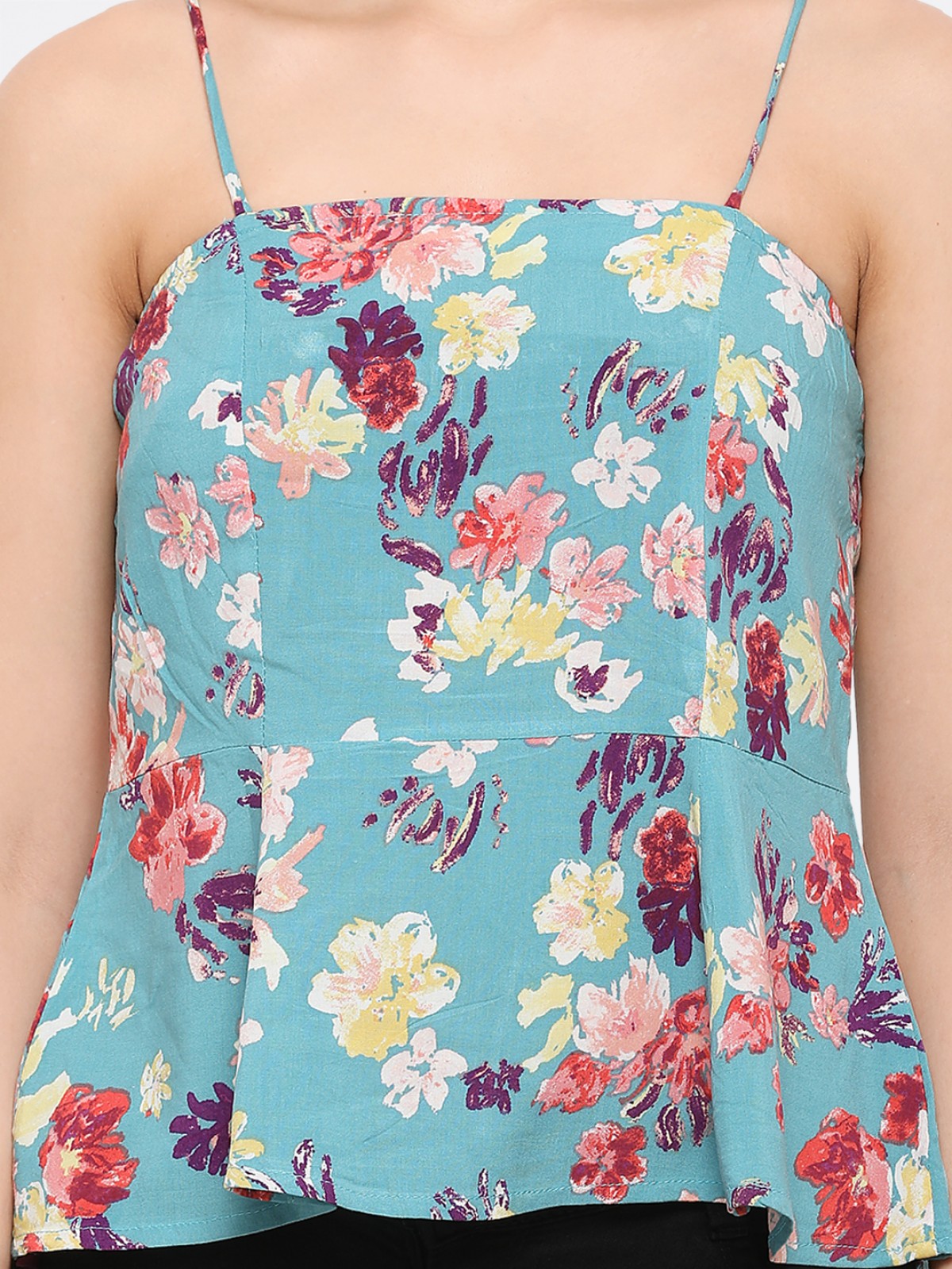 Cyan Flower Print Fit & Flair Spaghetti Crop Top