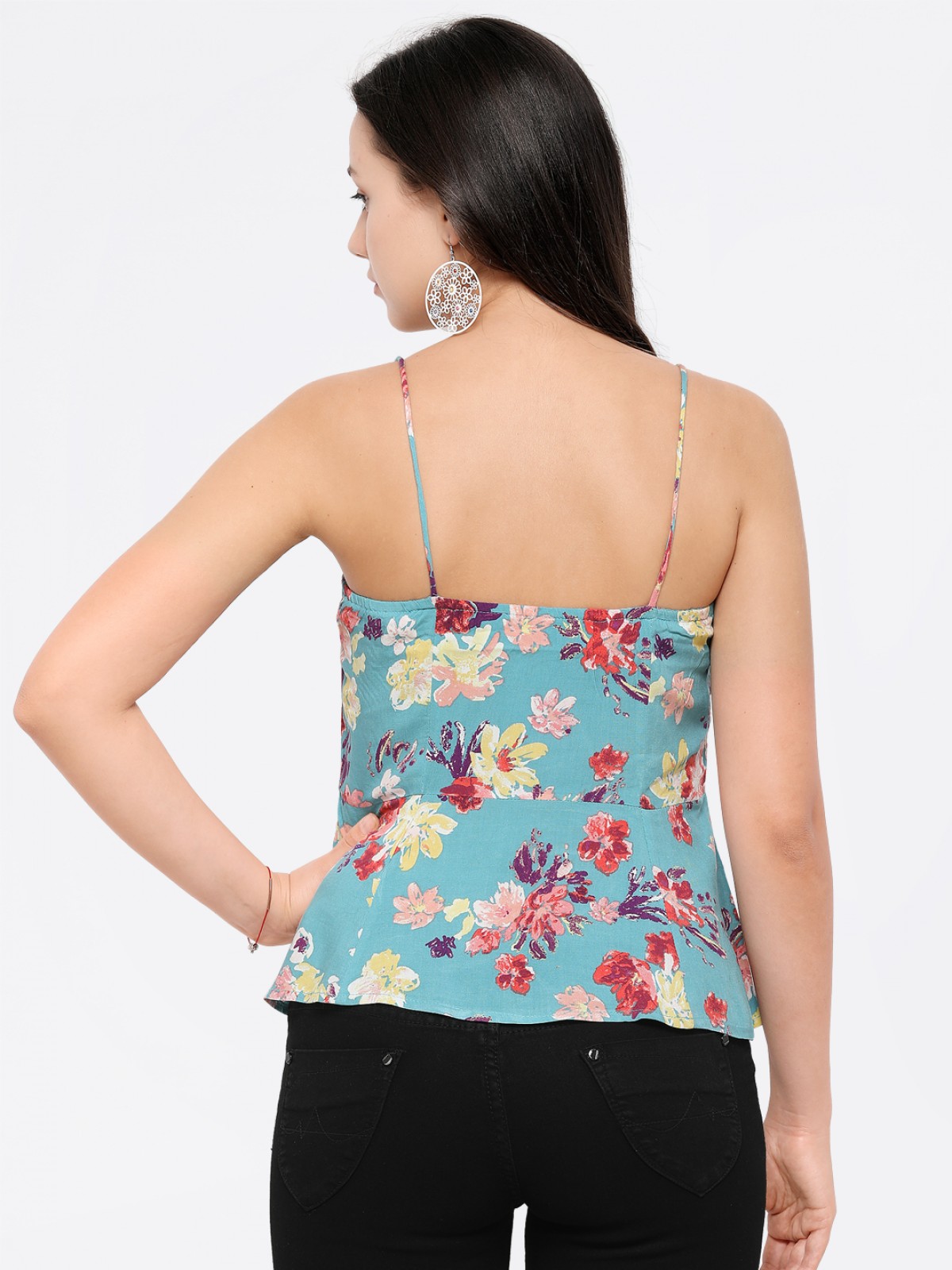 Cyan Flower Print Fit & Flair Spaghetti Crop Top