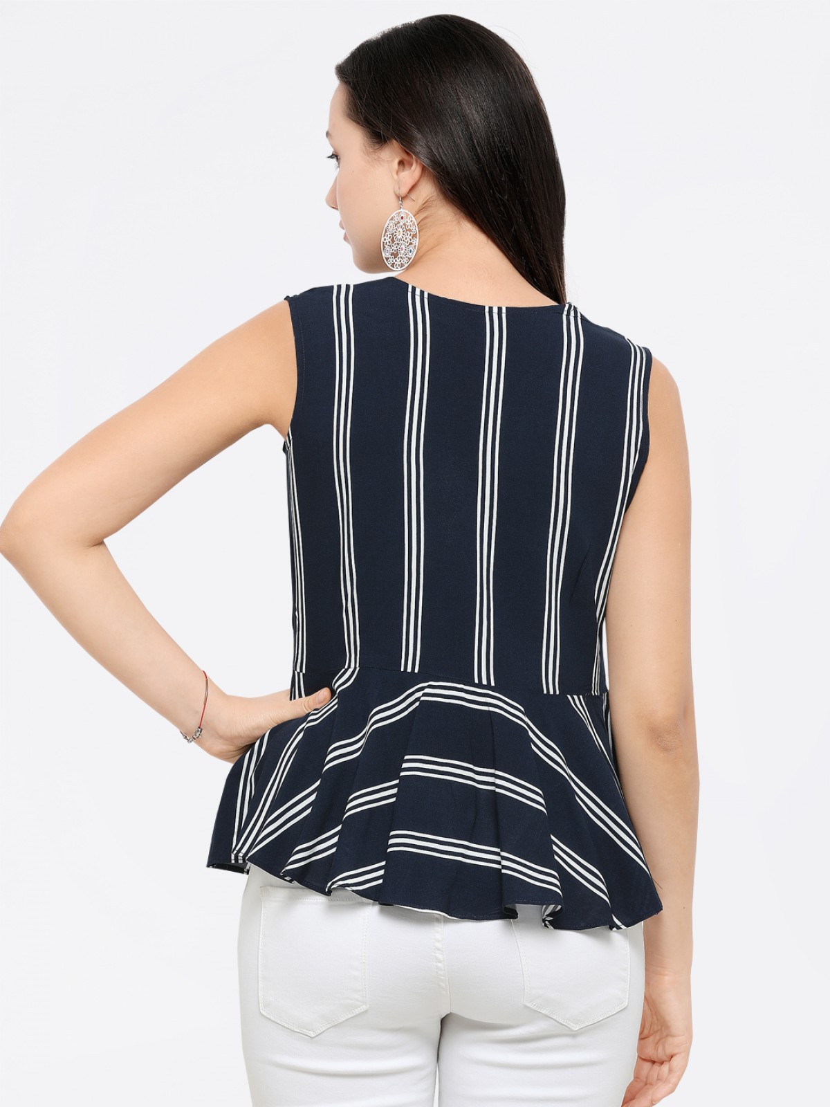 Blue White Lined Casual Office Wear Peplum Top