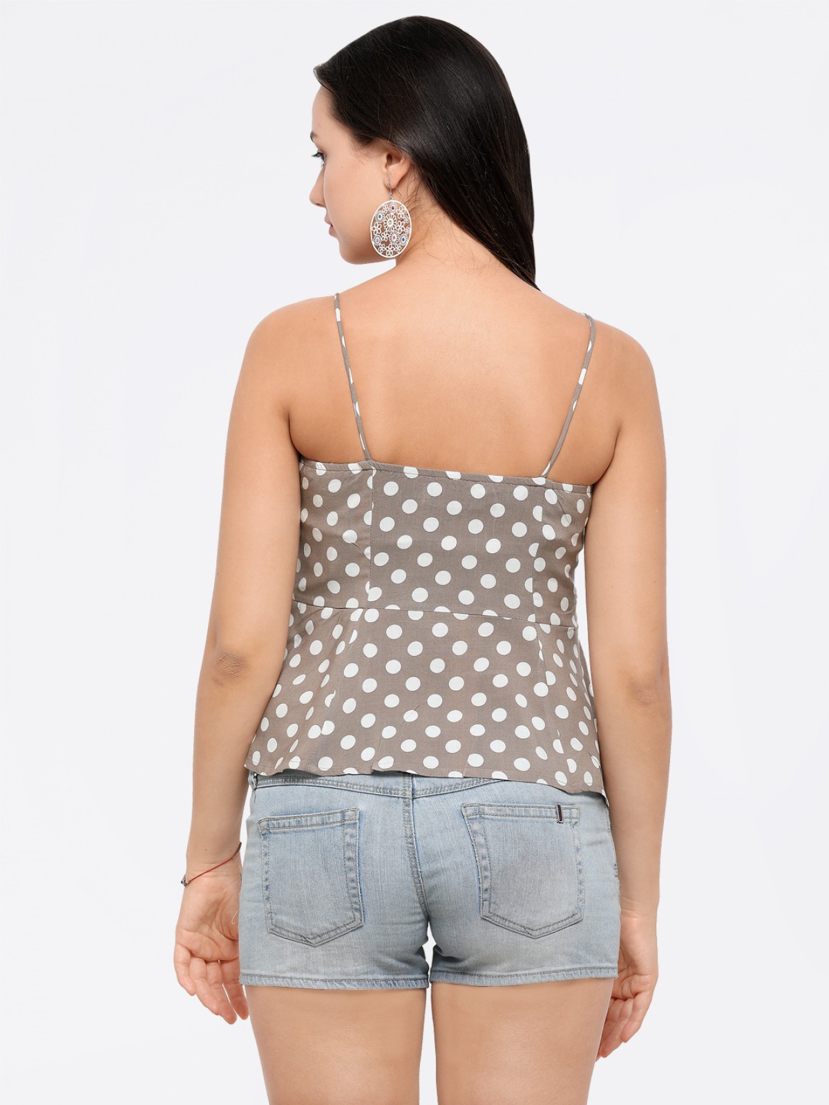 Light Brown And White Polkadots Fit & Flair Spaghetti Crop Top