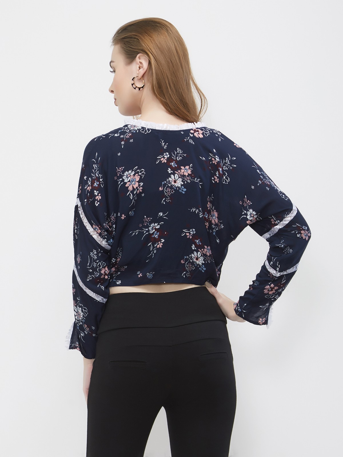 Casual Blue Floral Printed Dolman Sleeve Jacket Top