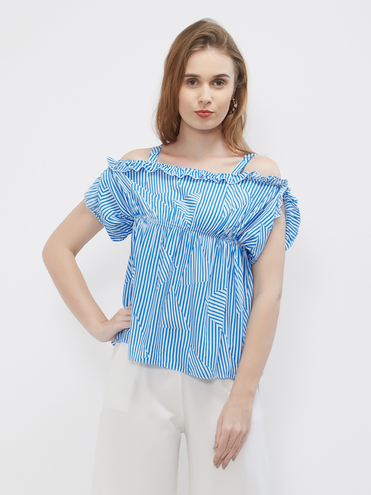 Trendsetter Sky Blue Strappy Stripped Off Shoulder Top