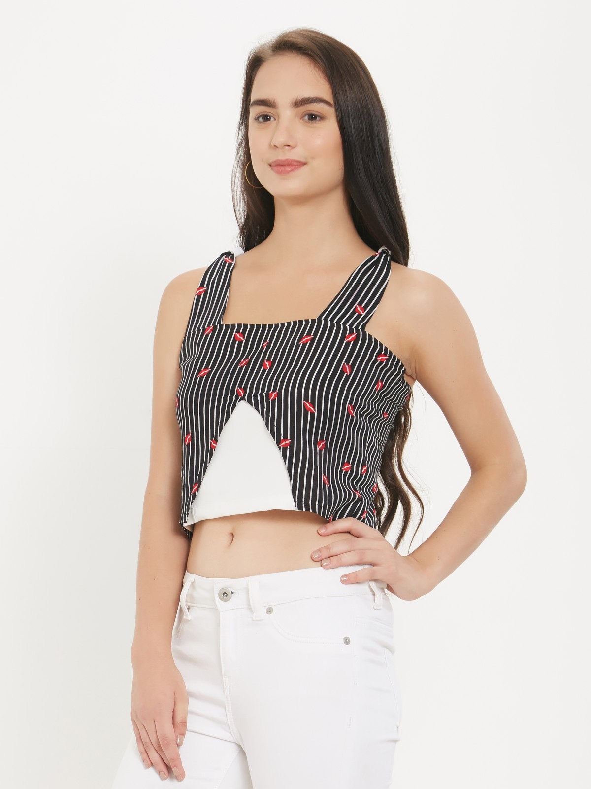 Strappy Striped Black And Red Kiss Printed Top