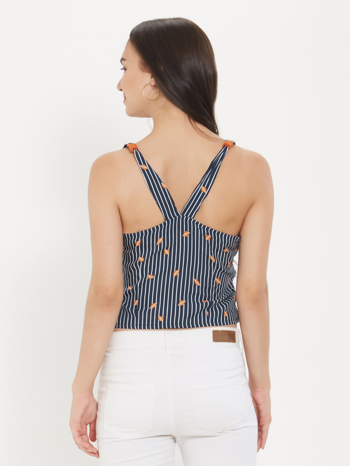 Strappy Striped Orange Blue Kiss Printed Top