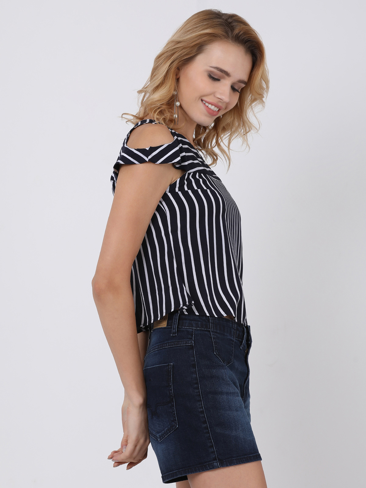 Off Shoulder Black Stripped Neck Crop Top